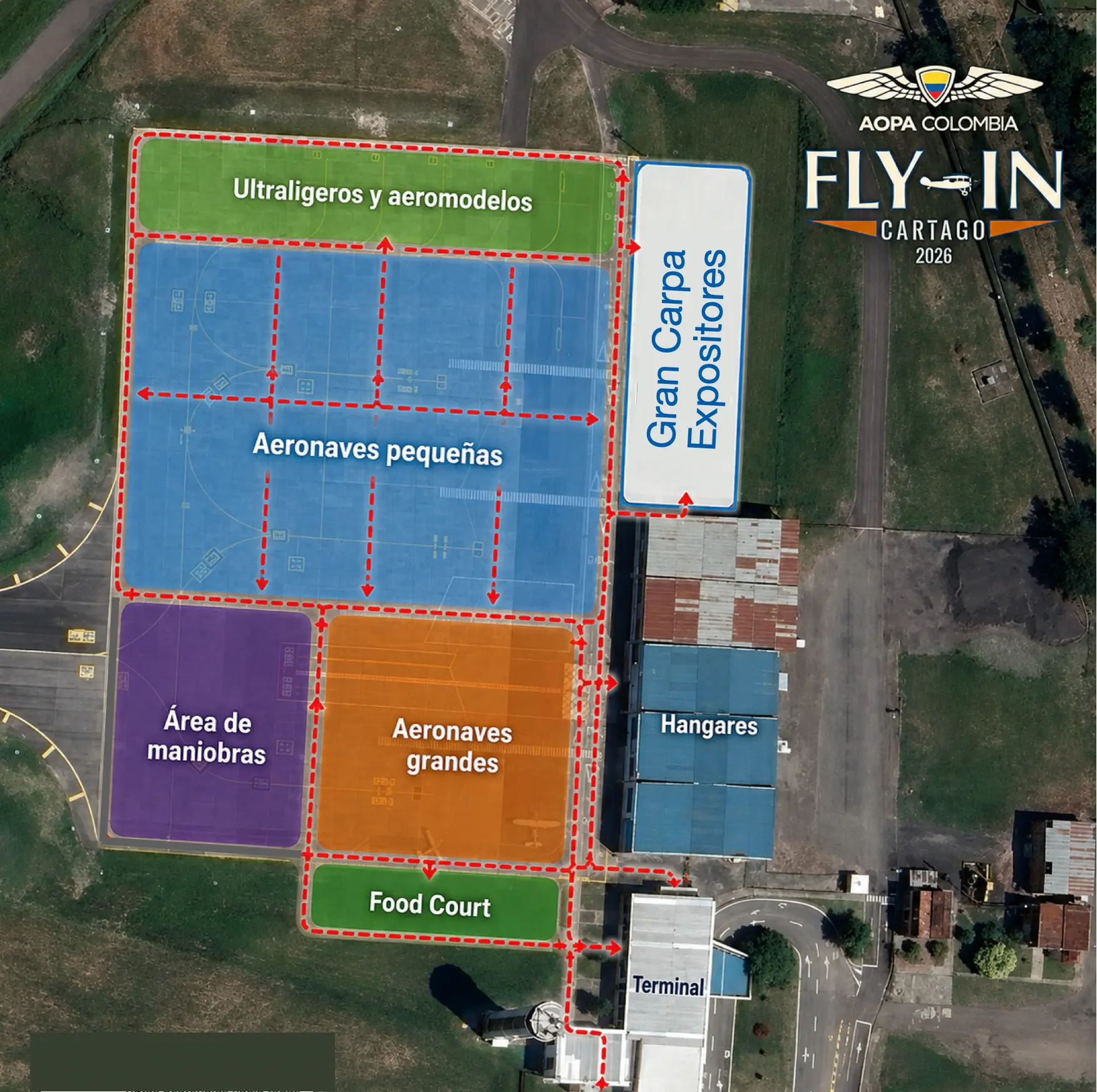 Plano oficial de la plataforma y la Gran Carpa de Expositores del Fly-In Cartago 2026