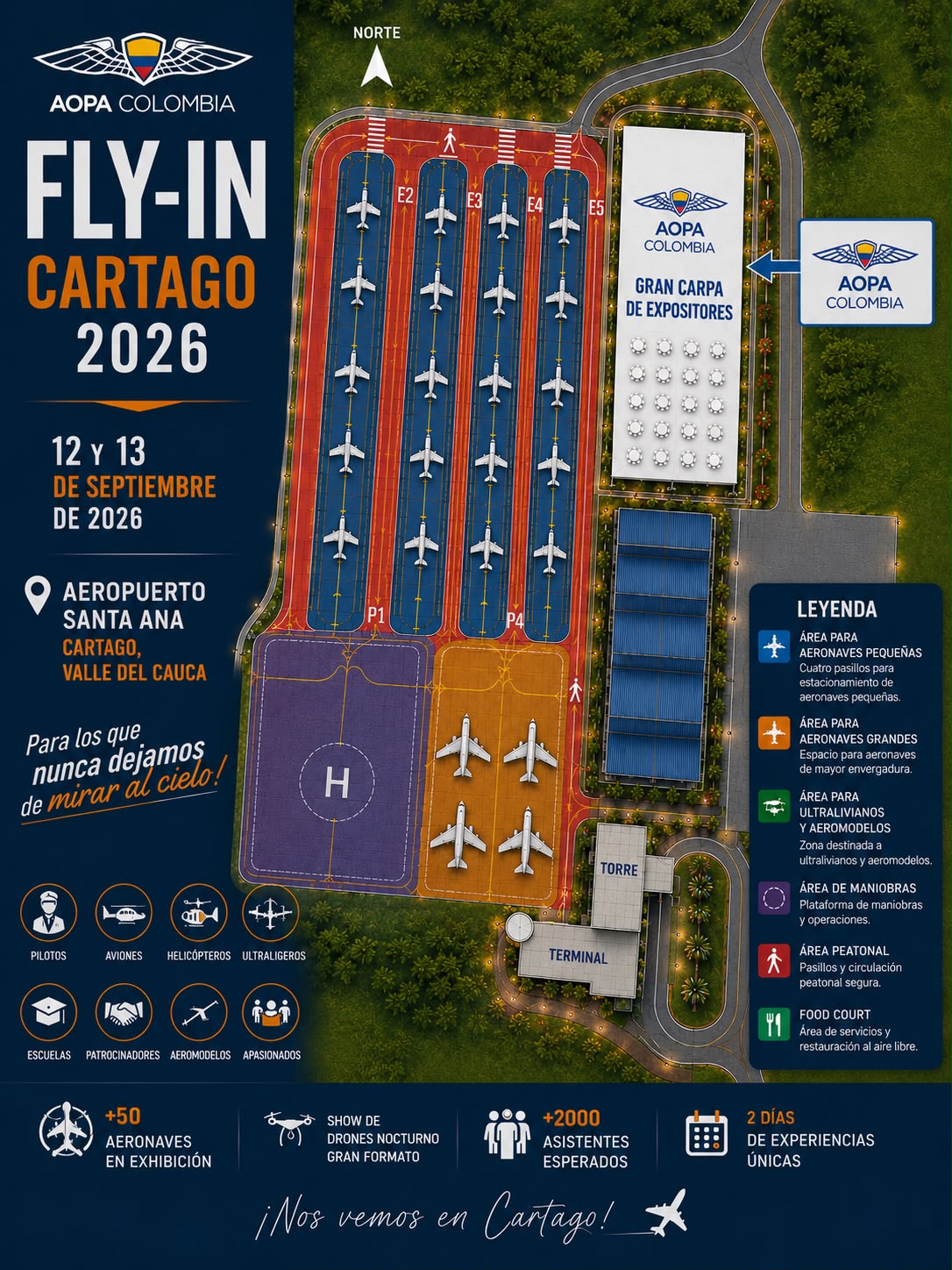 Plano oficial de la plataforma y la Gran Carpa de Expositores del Fly-In Cartago 2026
